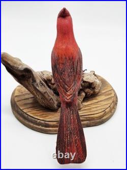 Vintage Northern Cardinal Wood Art Sculpture Drift Wood Stand Signed Handpainted