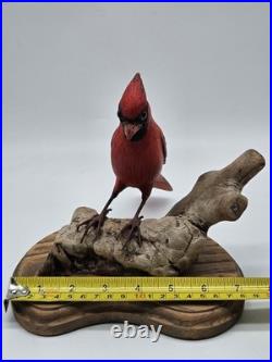 Vintage Northern Cardinal Wood Art Sculpture Drift Wood Stand Signed Handpainted