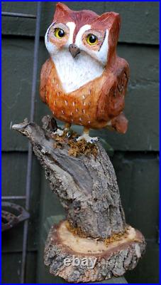 Vintage OWL ON TREE STUMP Wood Sculpture OUTSIDER FOLK ART Hand Carved Signed
