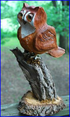 Vintage OWL ON TREE STUMP Wood Sculpture OUTSIDER FOLK ART Hand Carved Signed