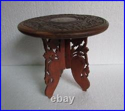 Vintage Old Handcrafted Wood Carving Center Foldable Side Folding Table