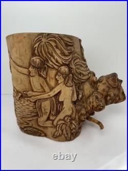 Vintage Olive Wood Carving Art Sculpture Adam & Eve In Paradise