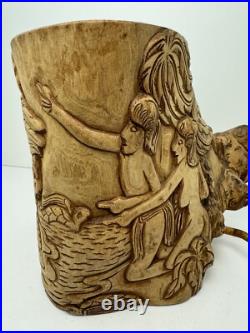 Vintage Olive Wood Carving Art Sculpture Adam & Eve In Paradise