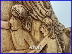 Vintage Olive Wood Carving Art Sculpture Adam & Eve In Paradise