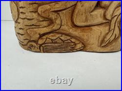 Vintage Olive Wood Carving Art Sculpture Adam & Eve In Paradise