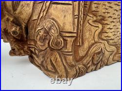 Vintage Olive Wood Carving Art Sculpture Adam & Eve In Paradise