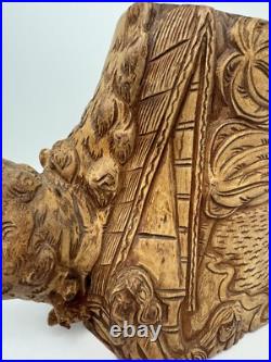 Vintage Olive Wood Carving Art Sculpture Adam & Eve In Paradise