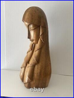 Vintage Original 1962 MCM Carved Wood Statue Sculpture Religious Woman Signed