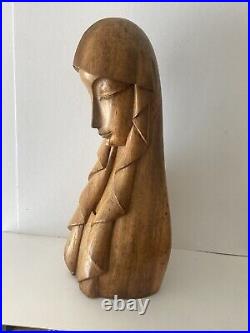 Vintage Original 1962 MCM Carved Wood Statue Sculpture Religious Woman Signed