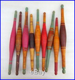 Vintage Original Old Lot of 9 Hand Carved Lacquer Wooden Chapati Rolling Pin