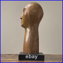 Vintage Outsider Carved Wood Female Portrait Bust on Stand, Signed/Modigliani