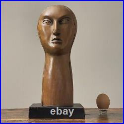 Vintage Outsider Carved Wood Female Portrait Bust on Stand, Signed/Modigliani