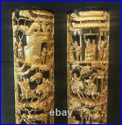 Vintage Pair Chinese 3D Gold Gilt War-Field Semicircle Wood Carving Panels