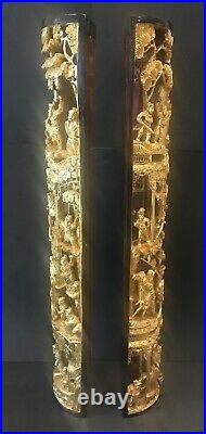 Vintage Pair Chinese 3D Gold Gilt War-Field Semicircle Wood Carving Panels