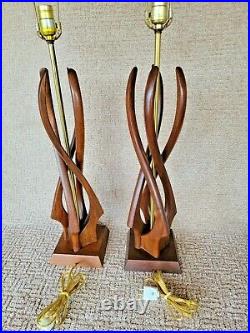 Vintage Pair Danish Mid Century Modern Sculptural Teak/Walnut Wood Table Lamps