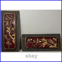 Vintage Pair Tall Chinese Wood Carving Panel Wall Decor Floral Birds Red Gold
