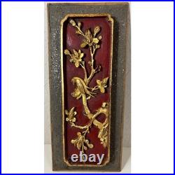 Vintage Pair Tall Chinese Wood Carving Panel Wall Decor Floral Birds Red Gold