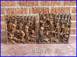 Vintage Pair of Balinese Panels Relief Hand Carved Wood Wall Art Fine Carving