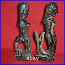 Vintage Pair of Carved Wood Mermaid Sculpture Statue Decor