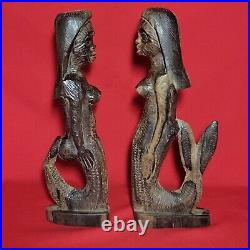 Vintage Pair of Carved Wood Mermaid Sculpture Statue Decor