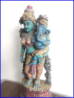 Vintage Parvati Devi w Baby Ganesh Hindu Temple Wooden Sculpture Statue Decor US