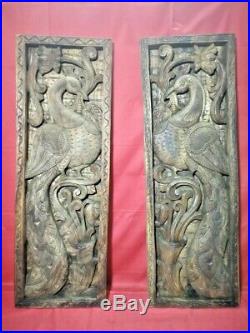 Vintage Peacock Hand Carved Wall Panel Wooden Vertical Floral Window Decor Pair