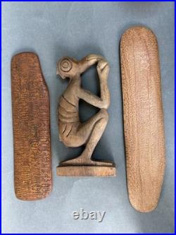 Vintage Polynesia Easter Island Bird Man Carving & Two Rongorongo Wooden Tablets