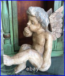 Vintage Putti Large Wood Carved Winged Cherub with Glass eyes 15 #3 Contemplation