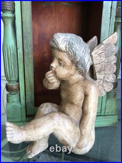 Vintage Putti Large Wood Carved Winged Cherub with Glass eyes 15 #3 Contemplation