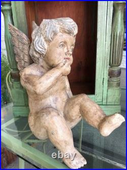 Vintage Putti Large Wood Carved Winged Cherub with Glass eyes 15 #3 Contemplation