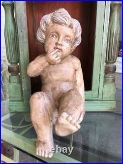 Vintage Putti Large Wood Carved Winged Cherub with Glass eyes 15 #3 Contemplation