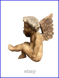 Vintage Putti Large Wood Carved Winged Cherub with Glass eyes 15 #3 Contemplation