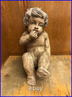 Vintage Putti Large Wood Carved Winged Cherub with Glass eyes 15 #3 Contemplation