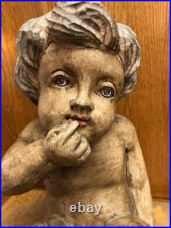 Vintage Putti Large Wood Carved Winged Cherub with Glass eyes 15 #3 Contemplation