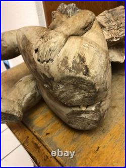 Vintage Putti Large Wood Carved Winged Cherub with Glass eyes 15 #3 Contemplation