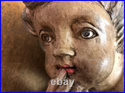 Vintage Putti Large Wood Carved Winged Cherub with Glass eyes 15 #3 Contemplation