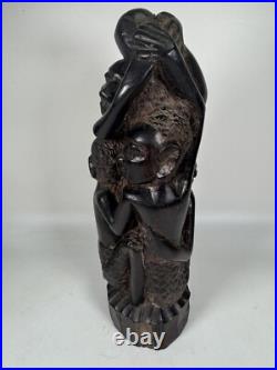 Vintage RARE Hand Carved African Ebony Wood Sculpture Made in Kenya 9 Tall