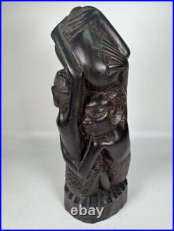 Vintage RARE Hand Carved African Ebony Wood Sculpture Made in Kenya 9 Tall