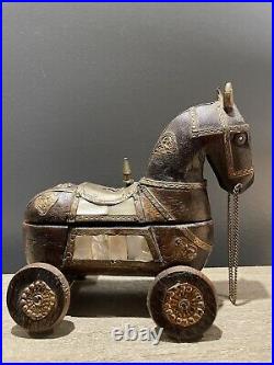 Vintage Rajasthani Horse on Wheels Wedding Horse Mother Of Pearl Inlay Folk Art