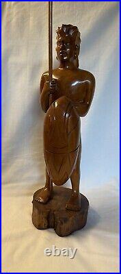 Vintage Rare Hawaiian Warrior Wood Carving with Spear & Shield In Hands 22 Tall