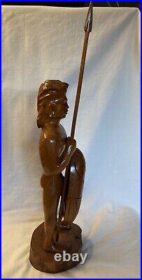 Vintage Rare Hawaiian Warrior Wood Carving with Spear & Shield In Hands 22 Tall