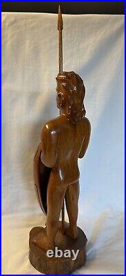 Vintage Rare Hawaiian Warrior Wood Carving with Spear & Shield In Hands 22 Tall