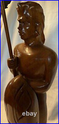 Vintage Rare Hawaiian Warrior Wood Carving with Spear & Shield In Hands 22 Tall