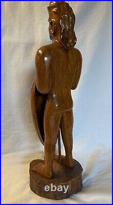 Vintage Rare Hawaiian Warrior Wood Carving with Spear & Shield In Hands 22 Tall