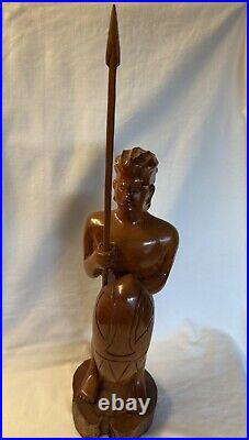 Vintage Rare Hawaiian Warrior Wood Carving with Spear & Shield In Hands 22 Tall