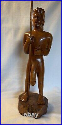 Vintage Rare Hawaiian Warrior Wood Carving with Spear & Shield In Hands 22 Tall