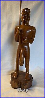 Vintage Rare Hawaiian Warrior Wood Carving with Spear & Shield In Hands 22 Tall