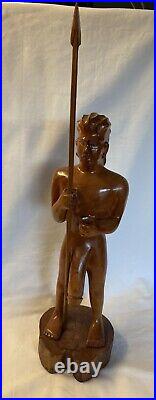 Vintage Rare Hawaiian Warrior Wood Carving with Spear & Shield In Hands 22 Tall