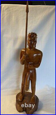 Vintage Rare Hawaiian Warrior Wood Carving with Spear & Shield In Hands 22 Tall