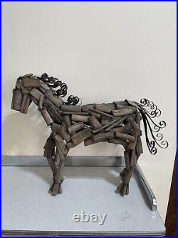 Vintage Reclaimed Driftwood Horse Wood Modern Art Sculpture Metal Mane
